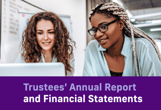 two women looking engaged at a computer with a purple banner saying 'Trustees' Annual Report and Financial Statements'
