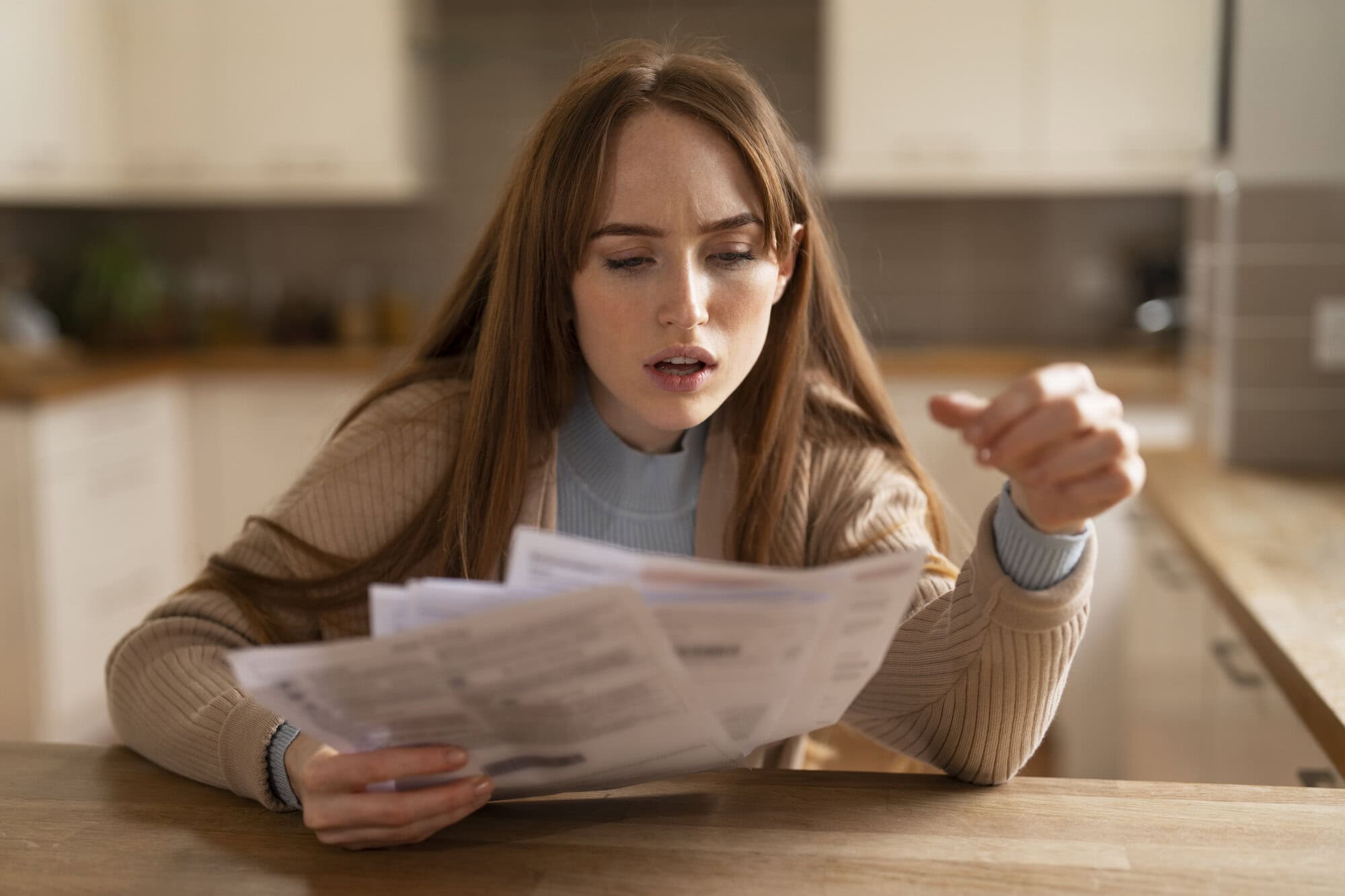 Woman worried looking at bills